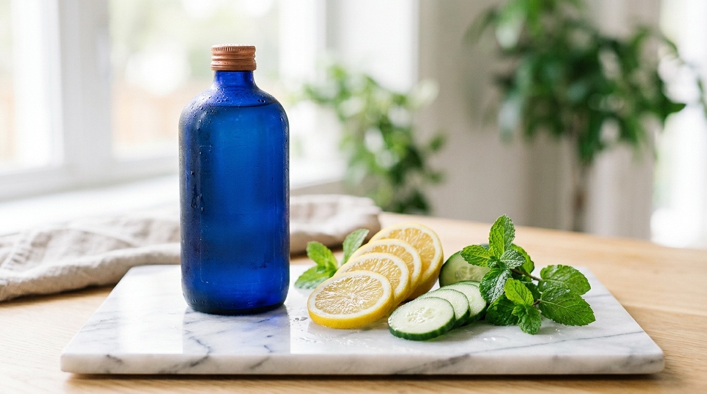The Vessel beside lemon, cucumber and mint on marble
