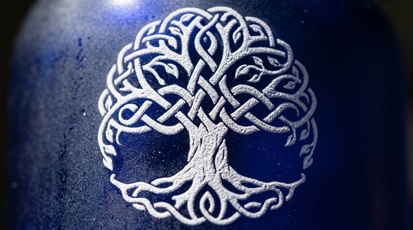 Macro of the etched Celtic Tree of Life on the cobalt glass